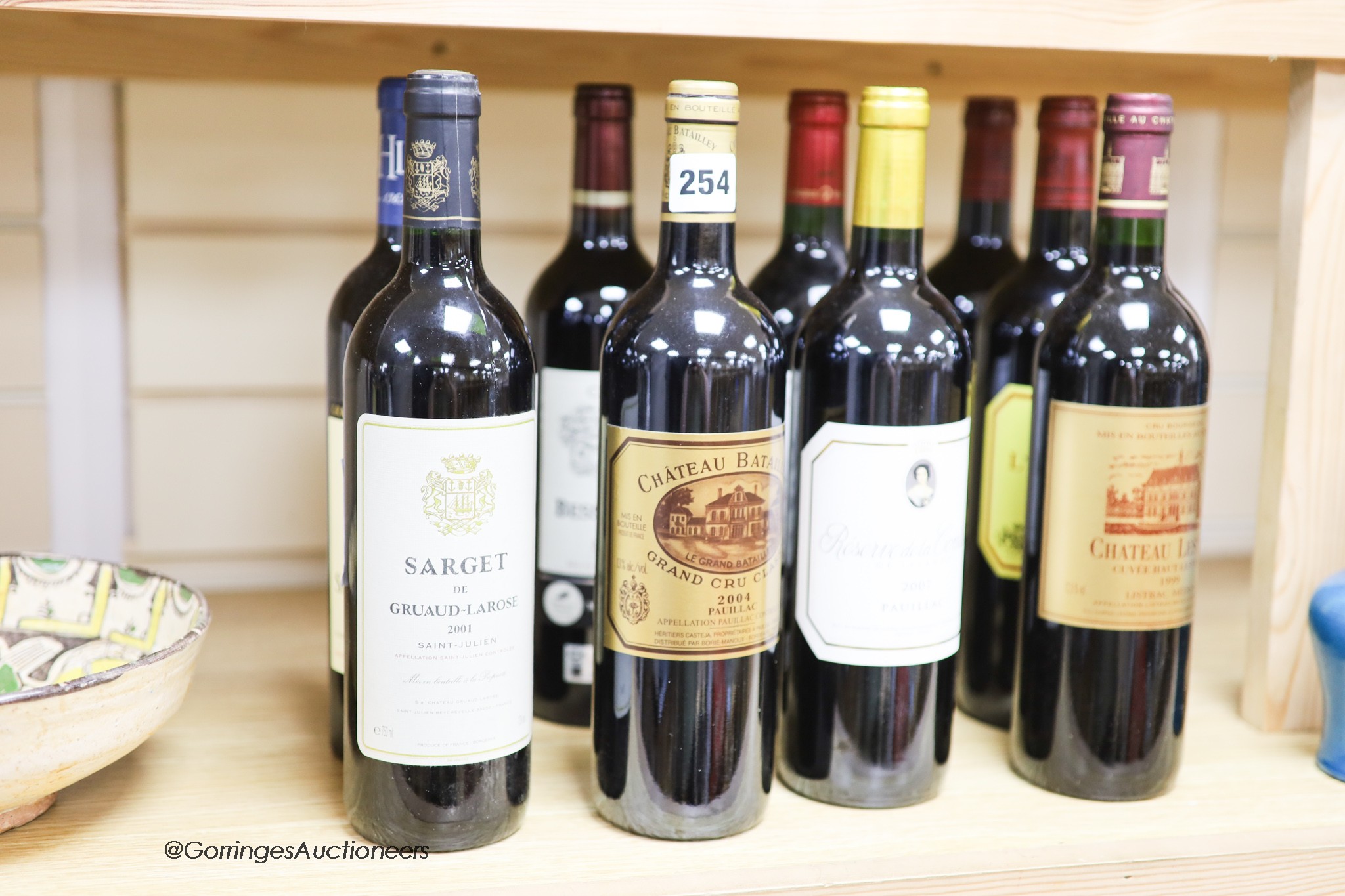 Nine assorted Bordeaux wines including two Chateau Lynch-Moussas, 2006, one Sargent de Gruaud Larose, 2001 and one Chateau Batailley, 2004.